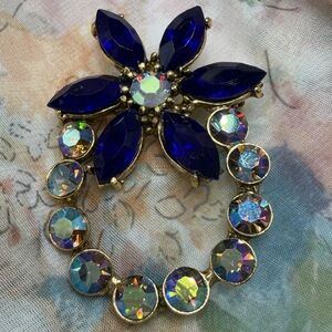 Albert Weiss Gold-Tone Brooch with Deep Blue Marquise and Aurora Borealis Rounds